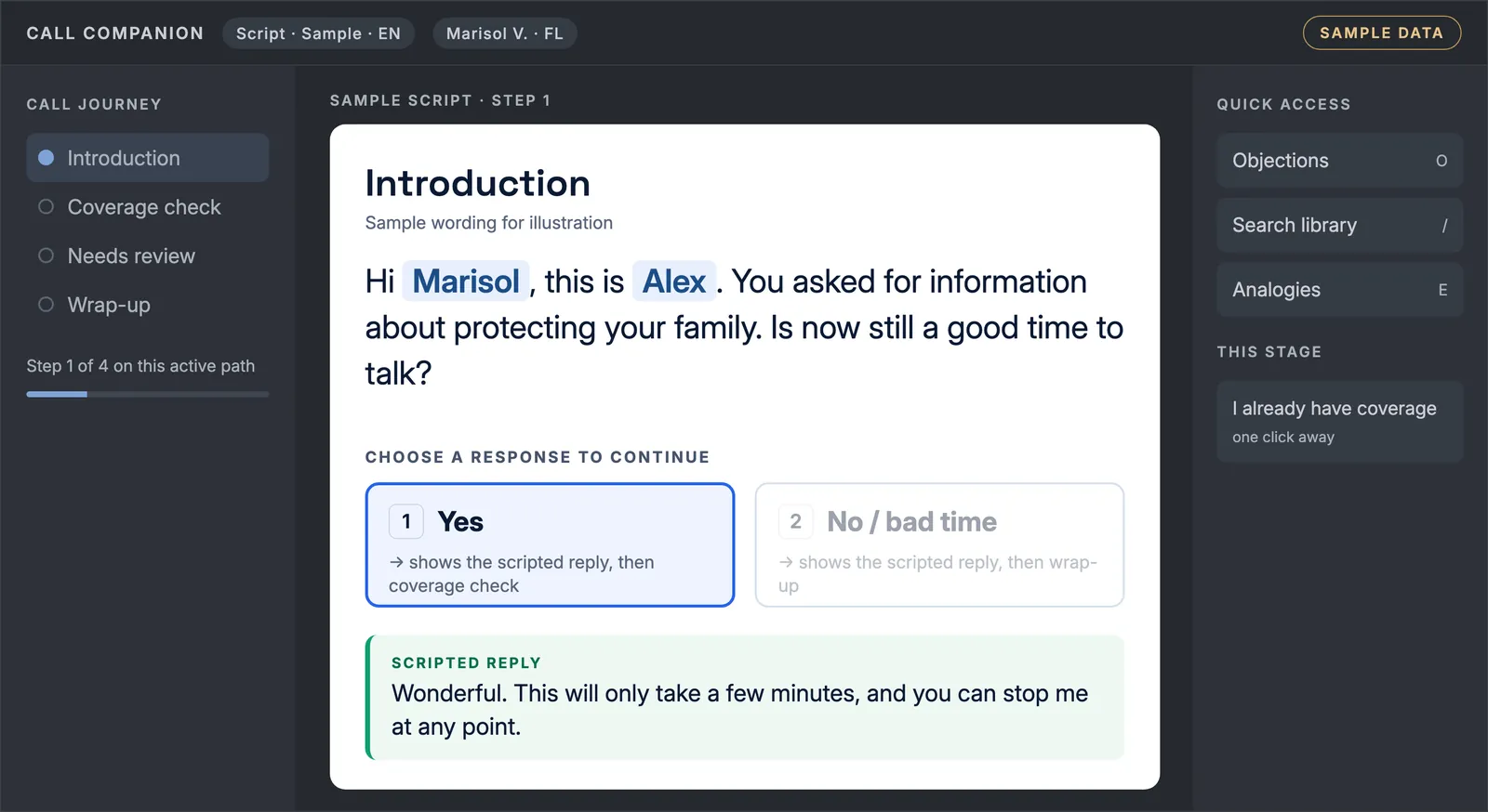 ProducerPoint’s Call Companion screen with sample data: one step of a sample script, two answers for the producer to choose from, and the scripted reply.
